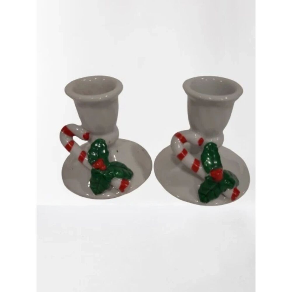 Vintage Porcelain Candlestick Set of 2 – Christmas Candy Cane Design